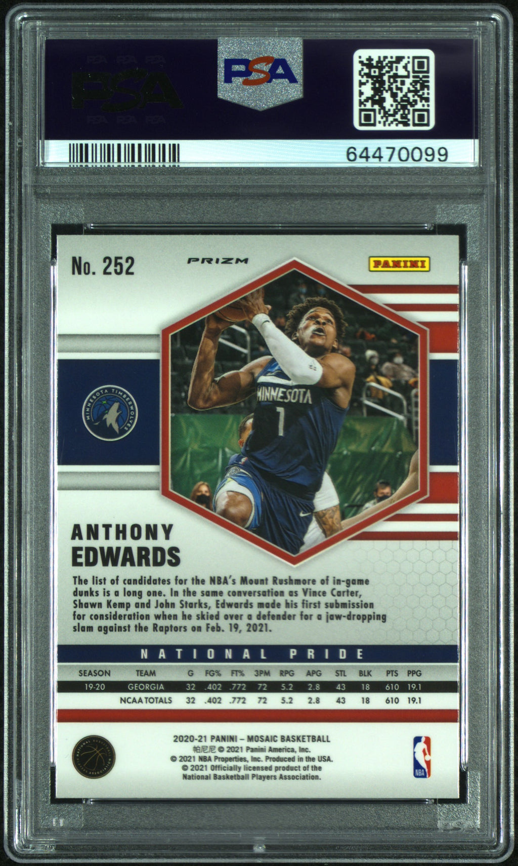 2020 Mosaic Anthony Edwards Rookie Genesis PSA 10 RC