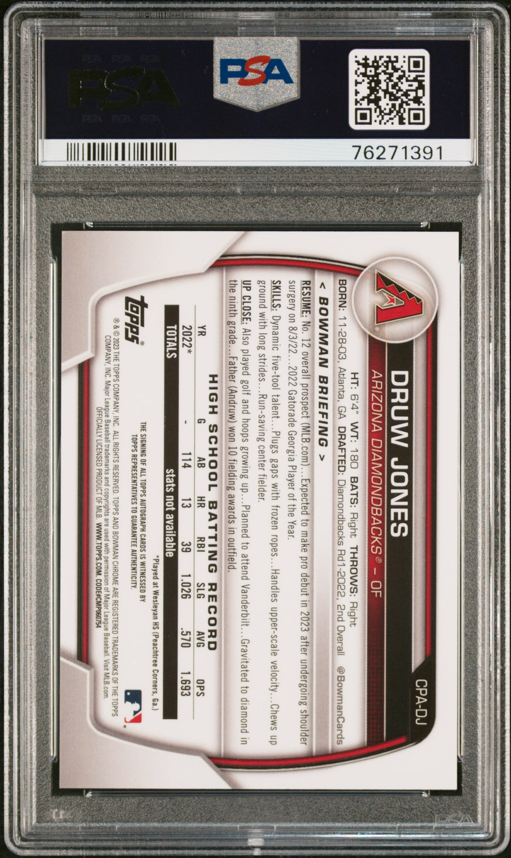 2023 Bowman Druw Jones Purple Refractor Auto 139/250 PSA 9