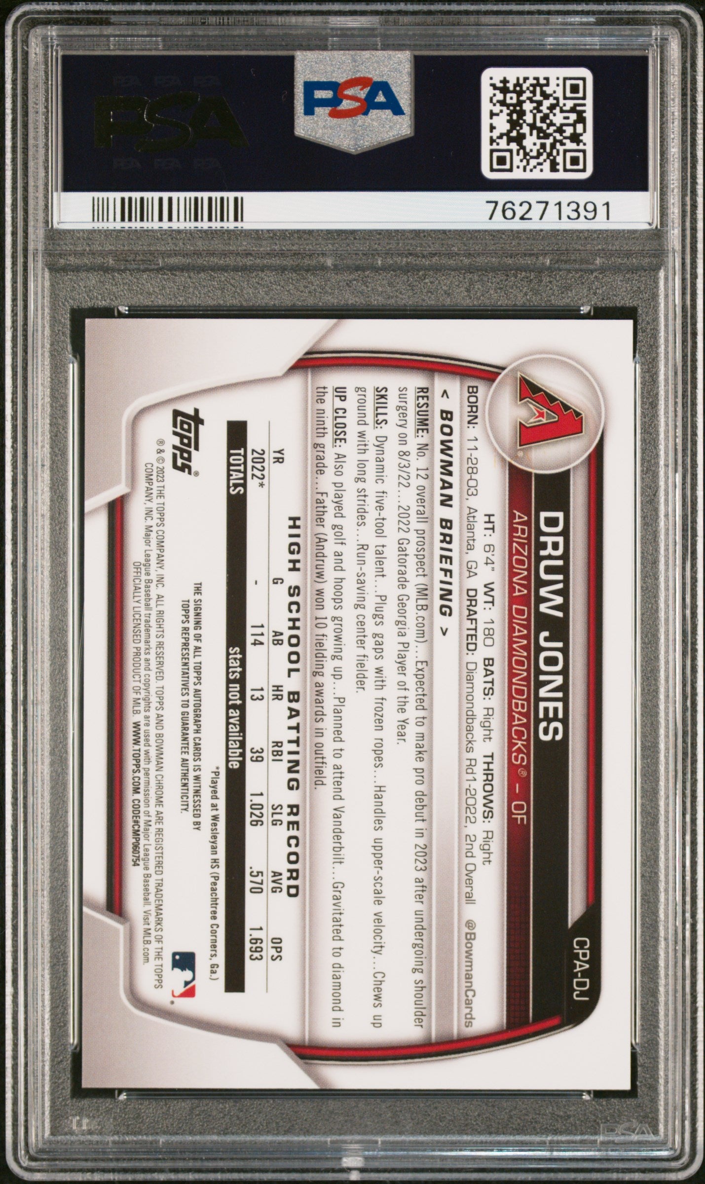 2023 Bowman Druw Jones Purple Refractor Auto 139/250 PSA 9