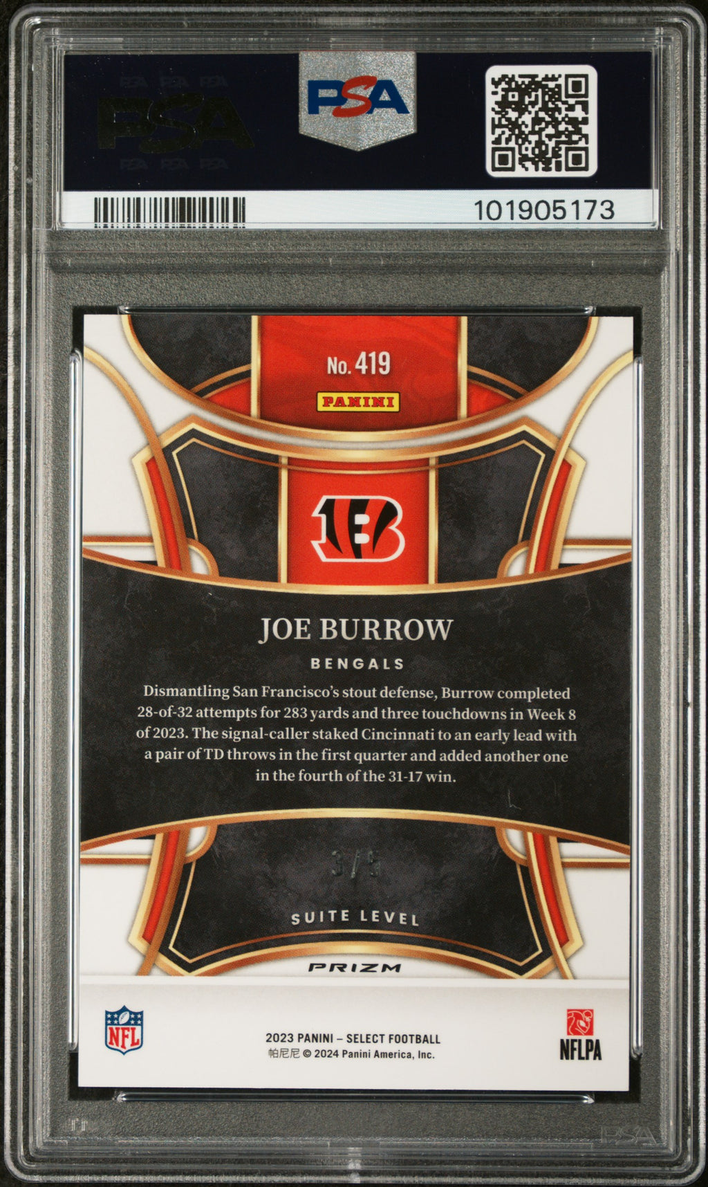 2023 Panini Select Joe Burrow #419 Green Prizm PSA 10