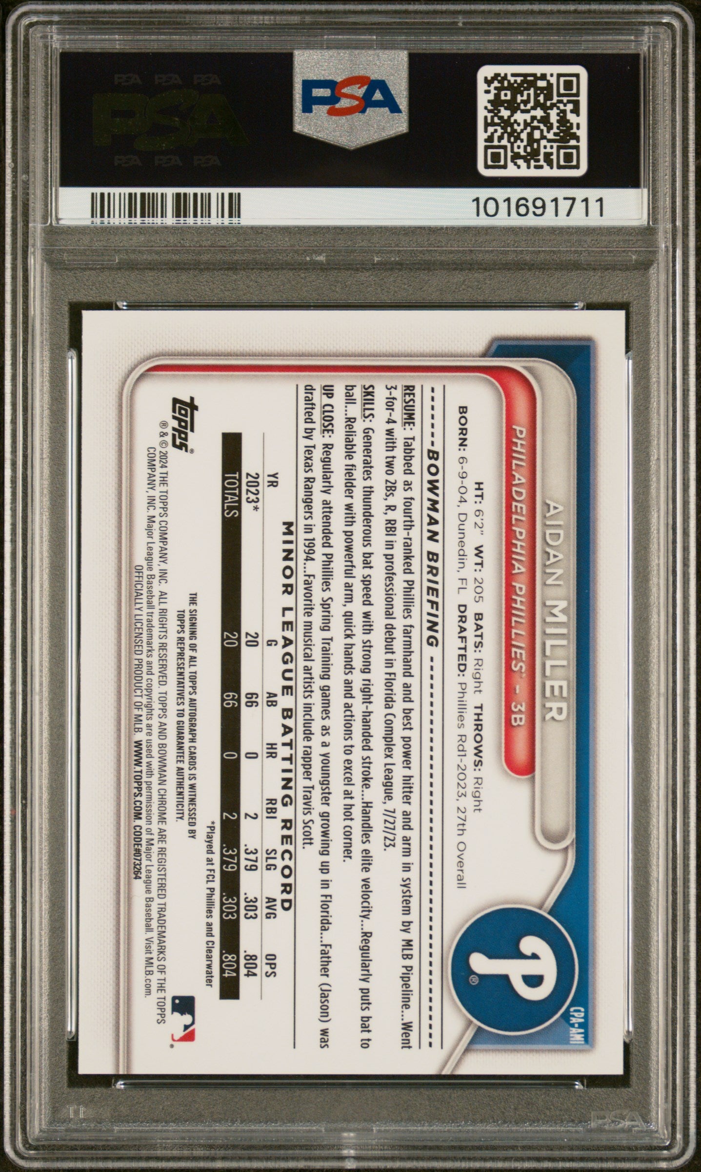 2024 Bowman Chrome Prospect Autographs Aidan Miller #CPAAMI PSA 8