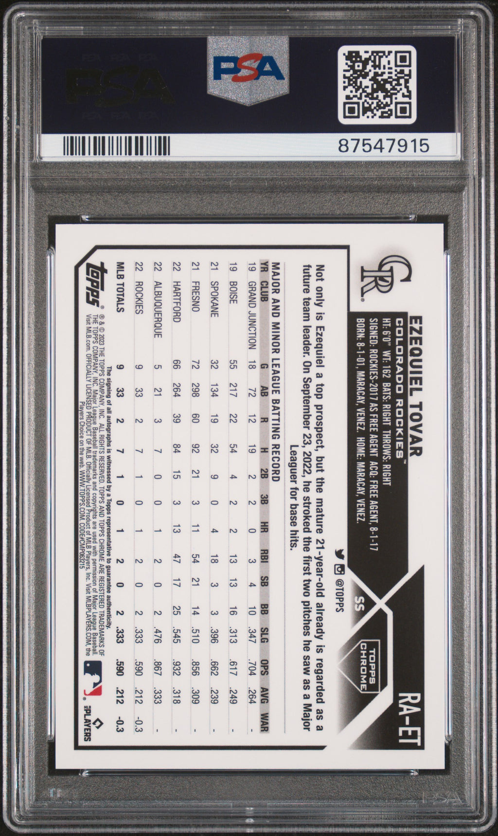 2023 Topps Chrome Ezequiel Tovar Rookie Auto PSA 10 RC