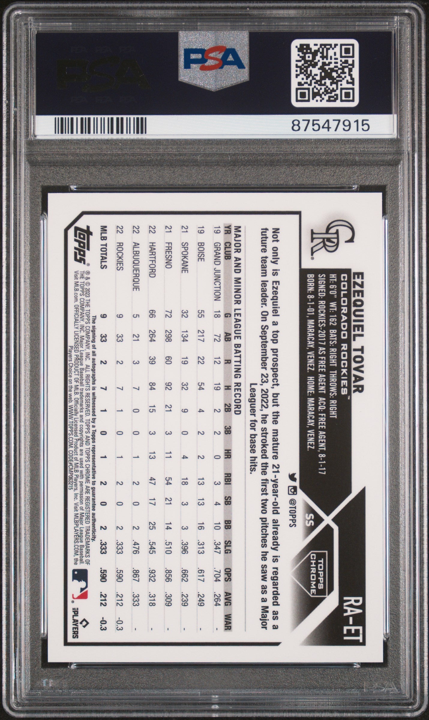 2023 Topps Chrome Ezequiel Tovar Rookie Auto PSA 10 RC