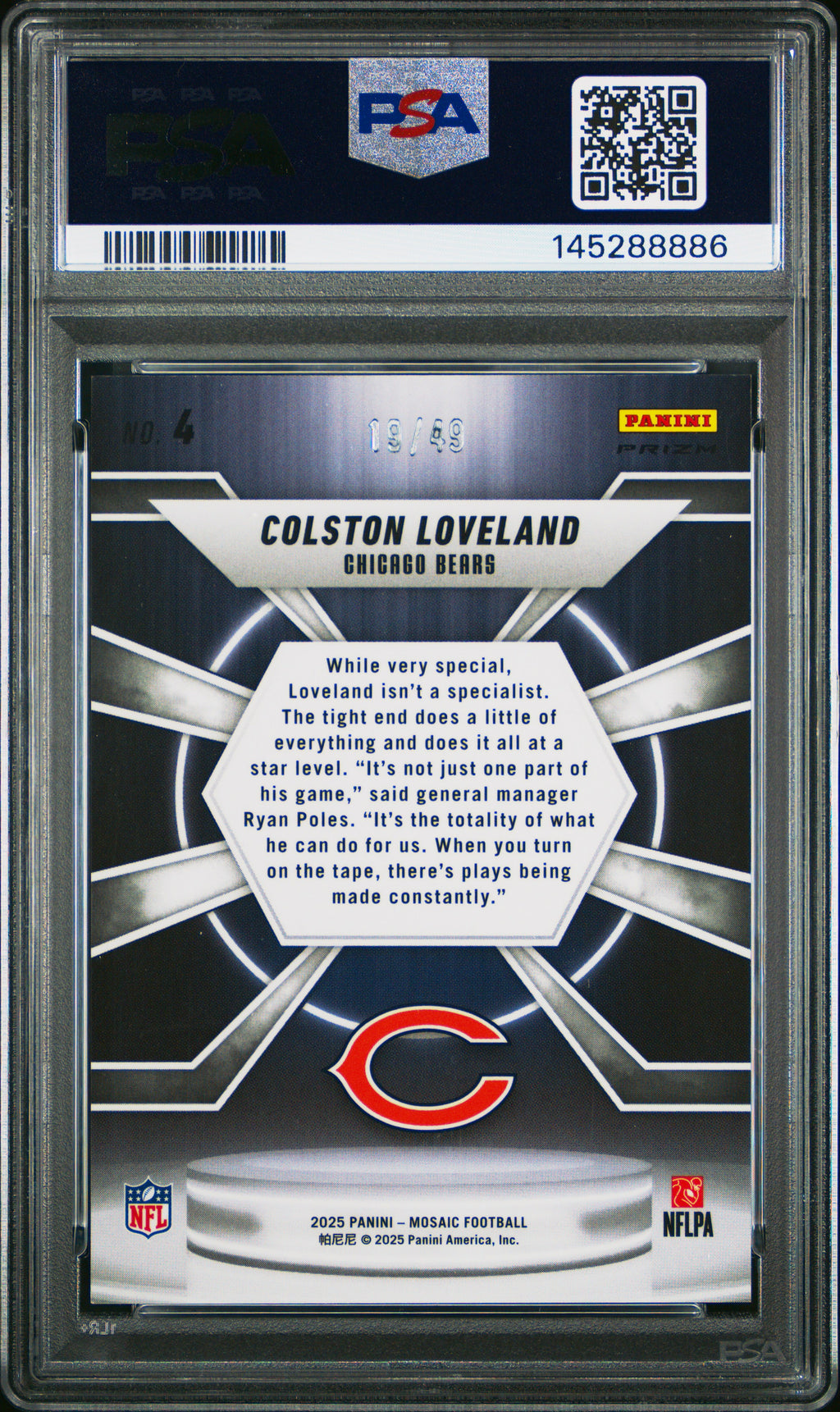 2025 Panini Mosaic Center Stage Colston Loveland #4 Purple PSA 10