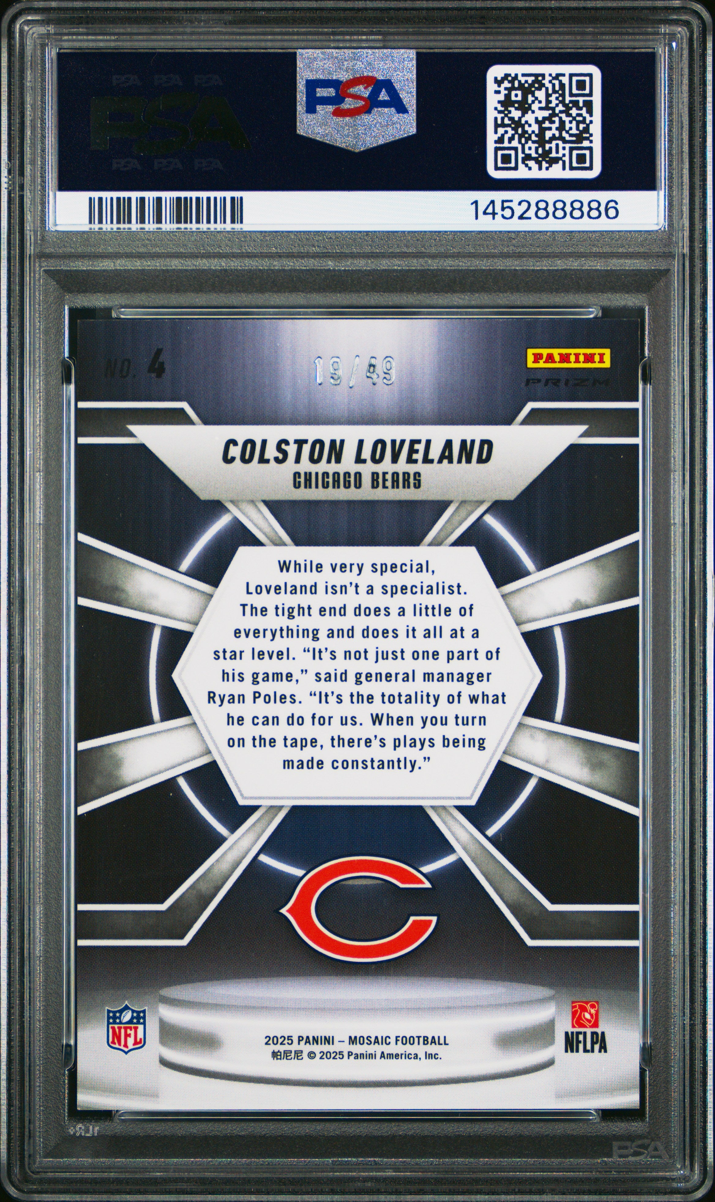 2025 Panini Mosaic Center Stage Colston Loveland #4 Purple PSA 10