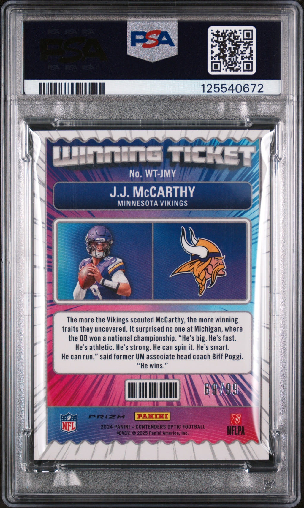 2024 Panini Contenders Optic Winning Tickets JJ Mccarthy #WTJMY Blue PSA 9