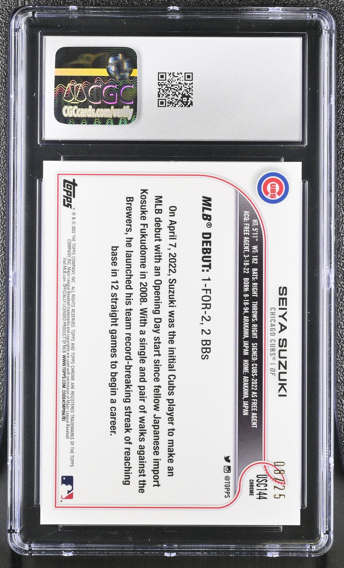 2022 Topps Chrome Update Seiya Suzuki Rookie Red Refractor 8/25 CGC 8 RC