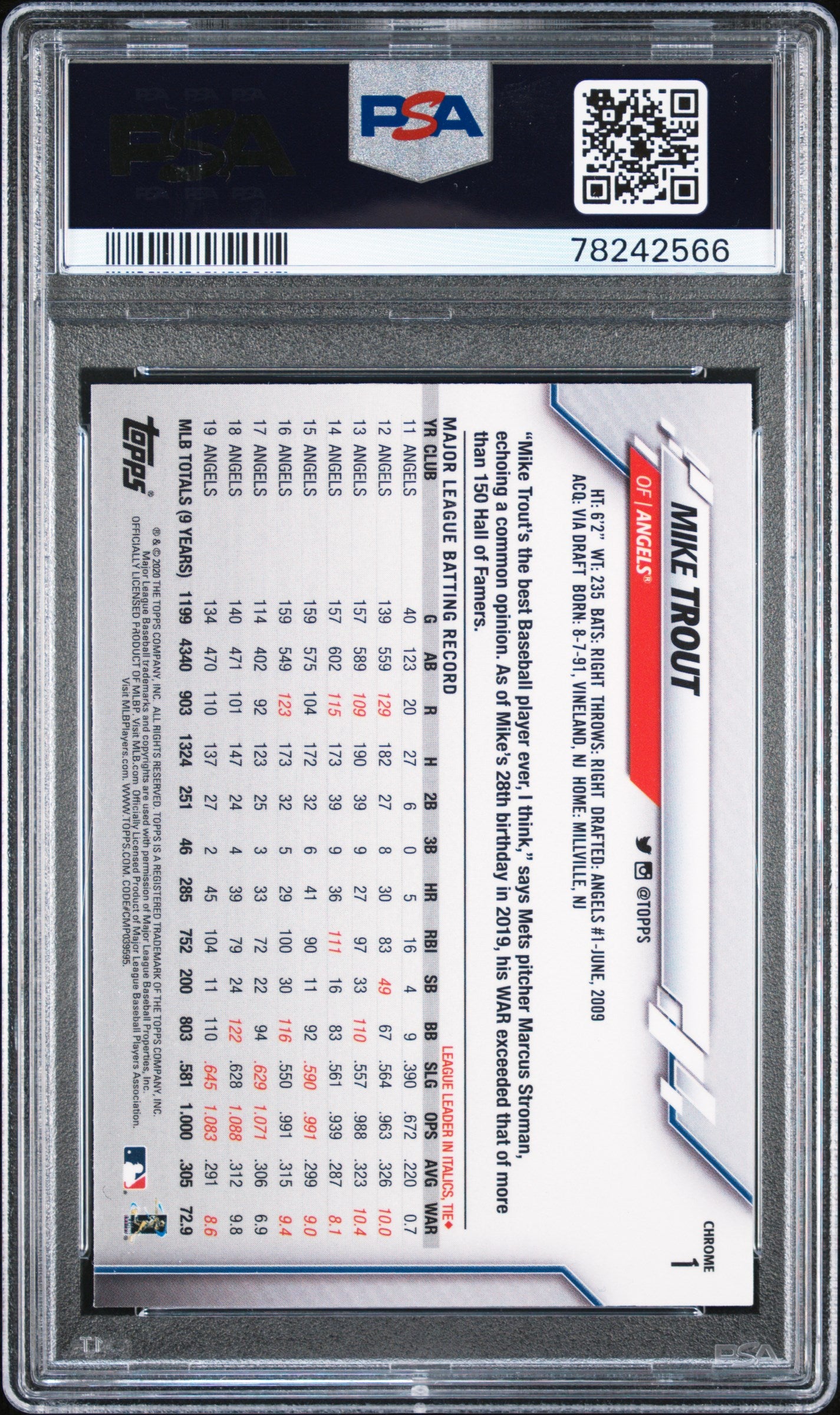2020 Topps Chrome Mike Trout Prizm Refractor PSA 10