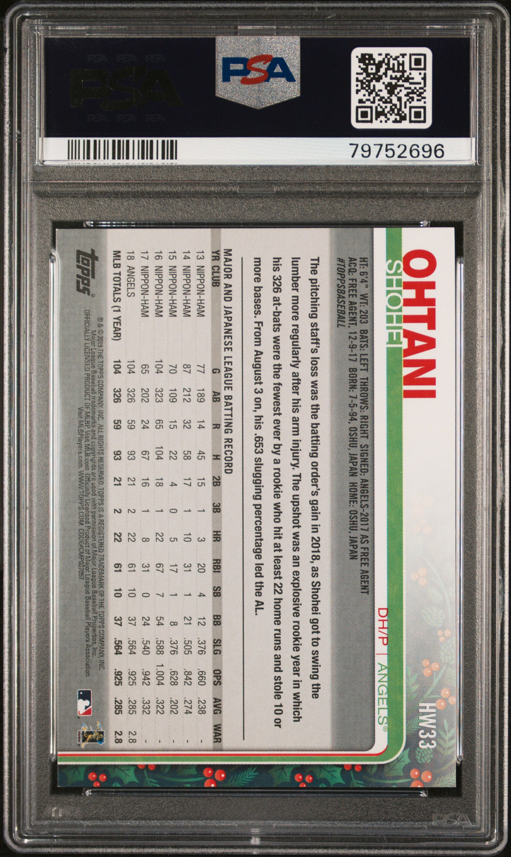 2019 Topps Holiday Shohei Ohtani PSA 10