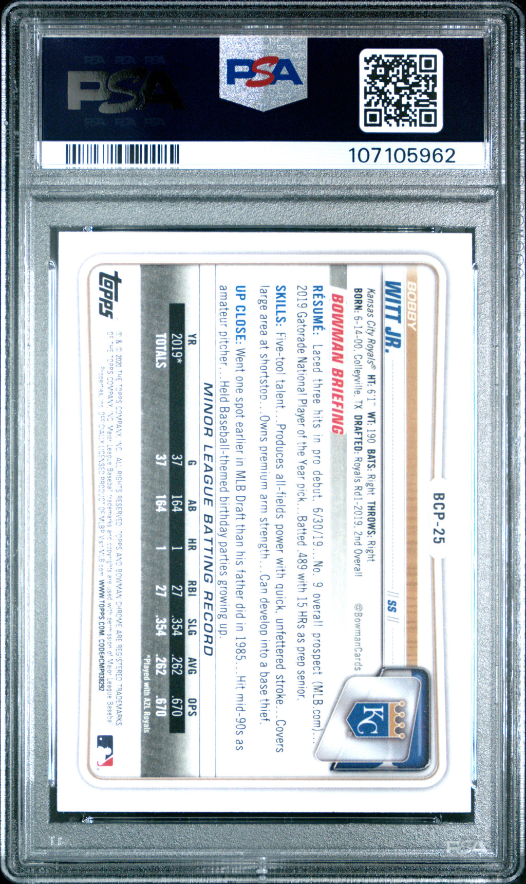 2020 Bowman Chrome Bobby Witt Jr Prospects PSA 10