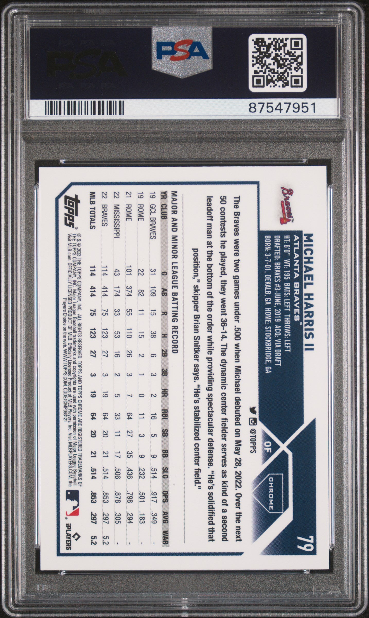 2023 Topps Chrome Michael Harris II Rookie Blue Wave 28/75 PSA 9 RC