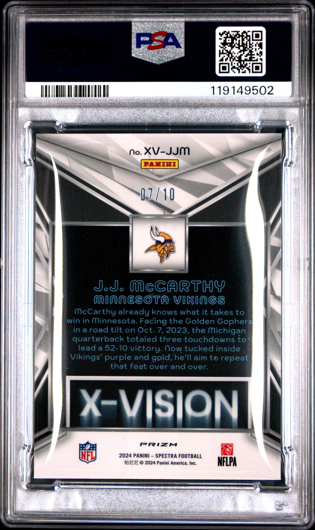 2024 Panini Spectra X-Vision JJ Mccarthy #XVJJM Universal PSA 10