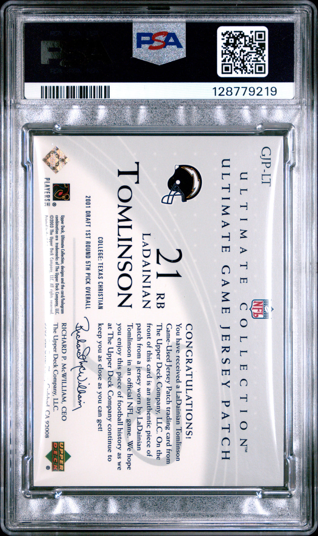 2003 Ultimate Collection Ultimate Game Jersey Patch Ladainian Tomlinson #GJPLT Ult. /175 PSA 9