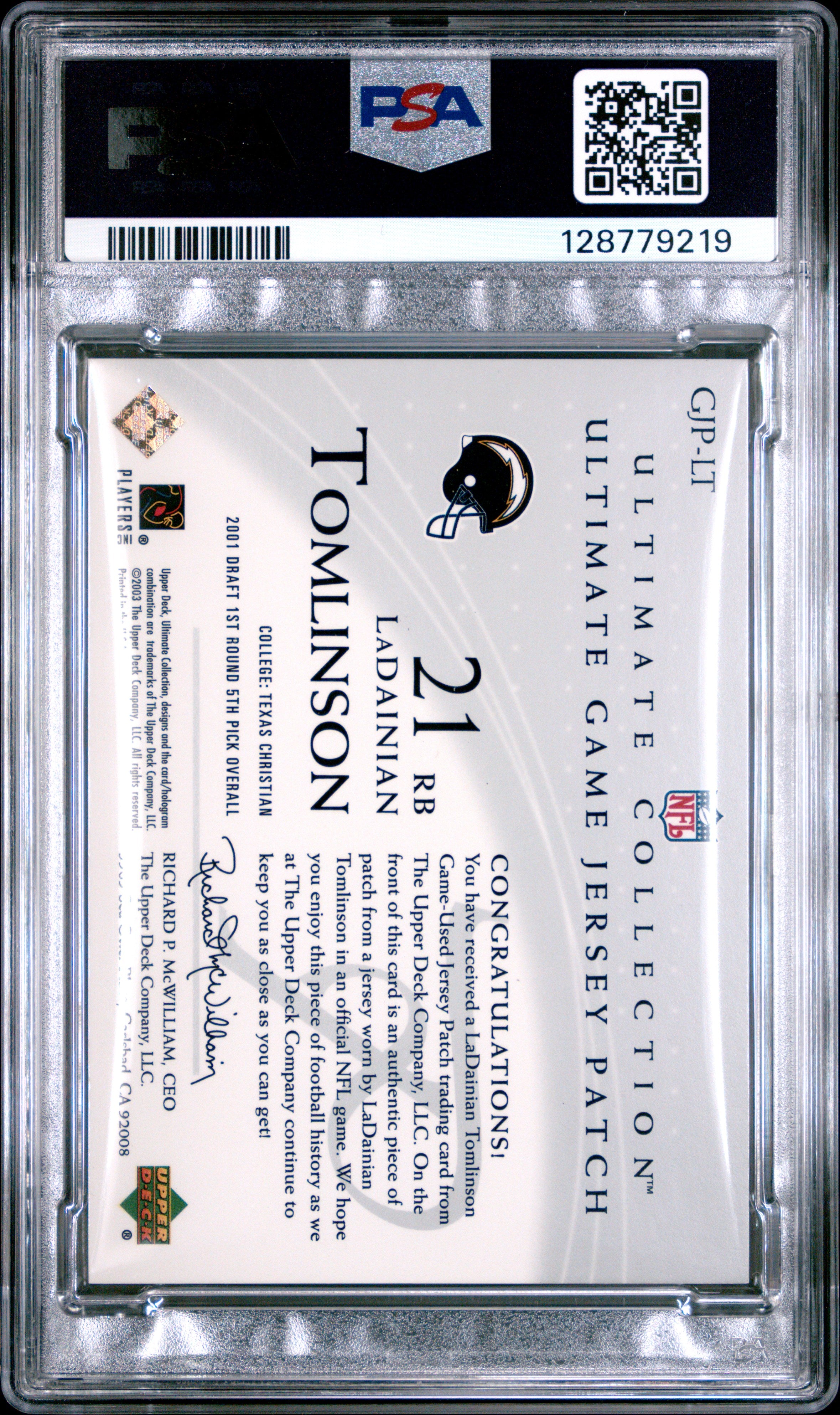 2003 Ultimate Collection Ultimate Game Jersey Patch Ladainian Tomlinson #GJPLT Ult. /175 PSA 9