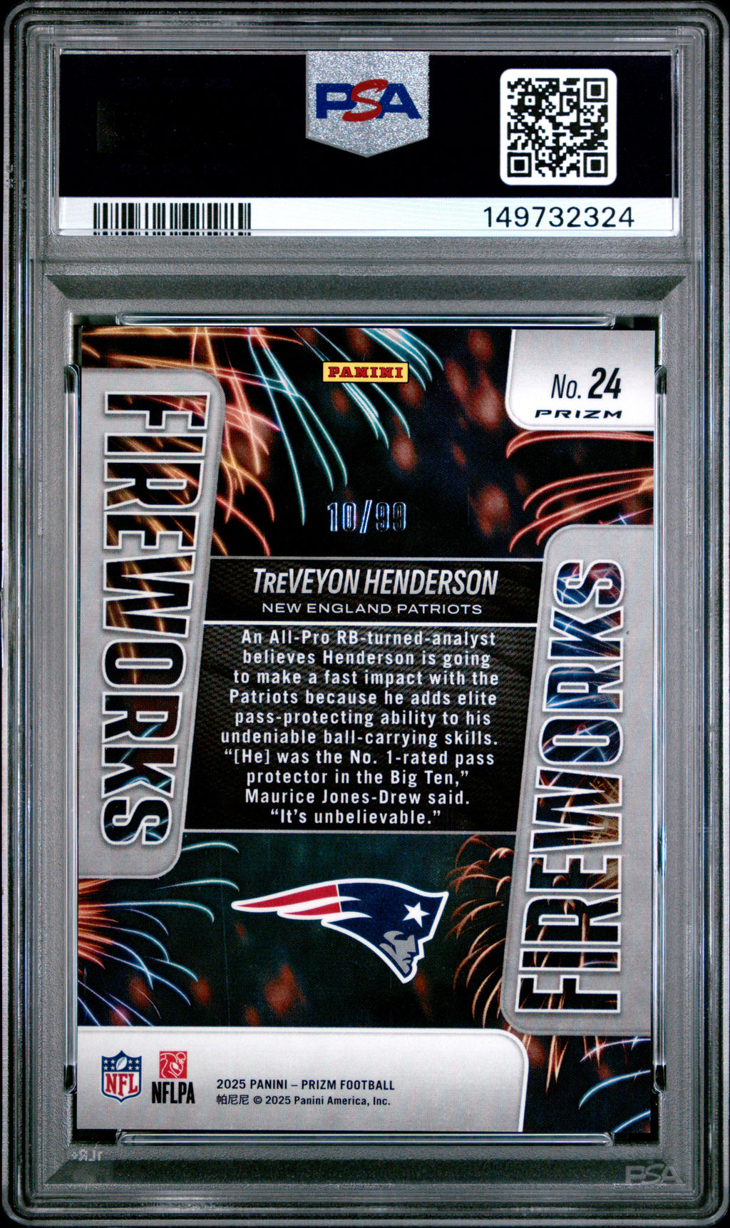 2025 Prizm TreVeyon Henderson Fireworks Blue Ice PSA 10
