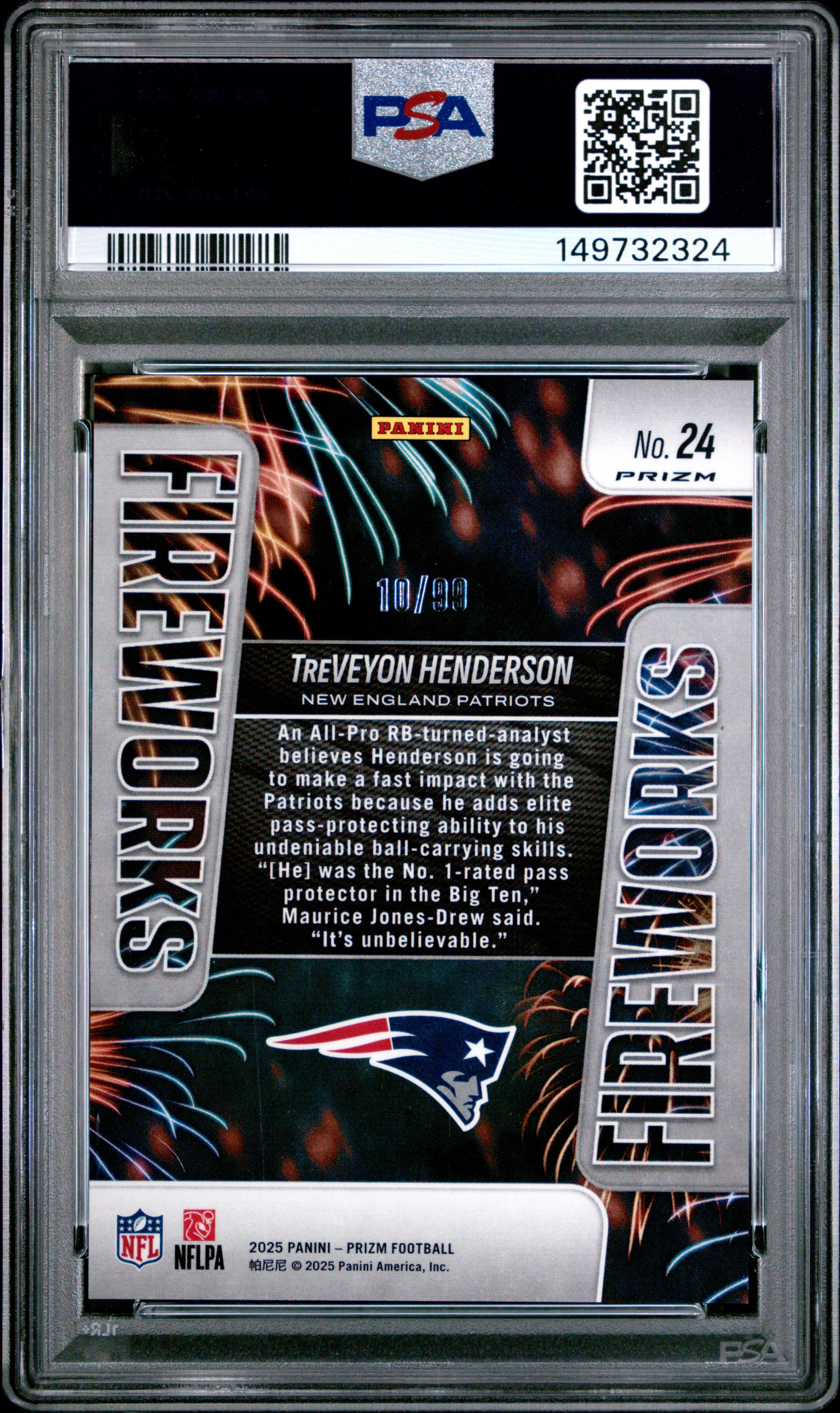 2025 Prizm TreVeyon Henderson Fireworks Blue Ice PSA 10