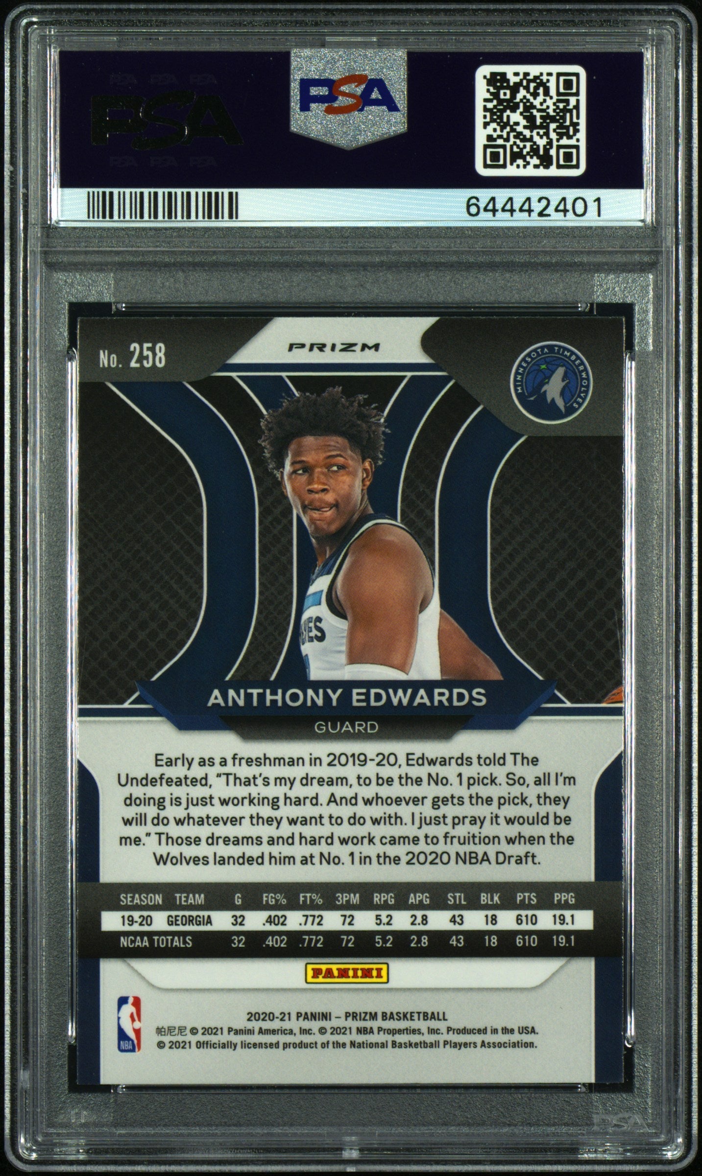2020 Panini Prizm Anthony Edwards #258 Red White Blue PSA 9