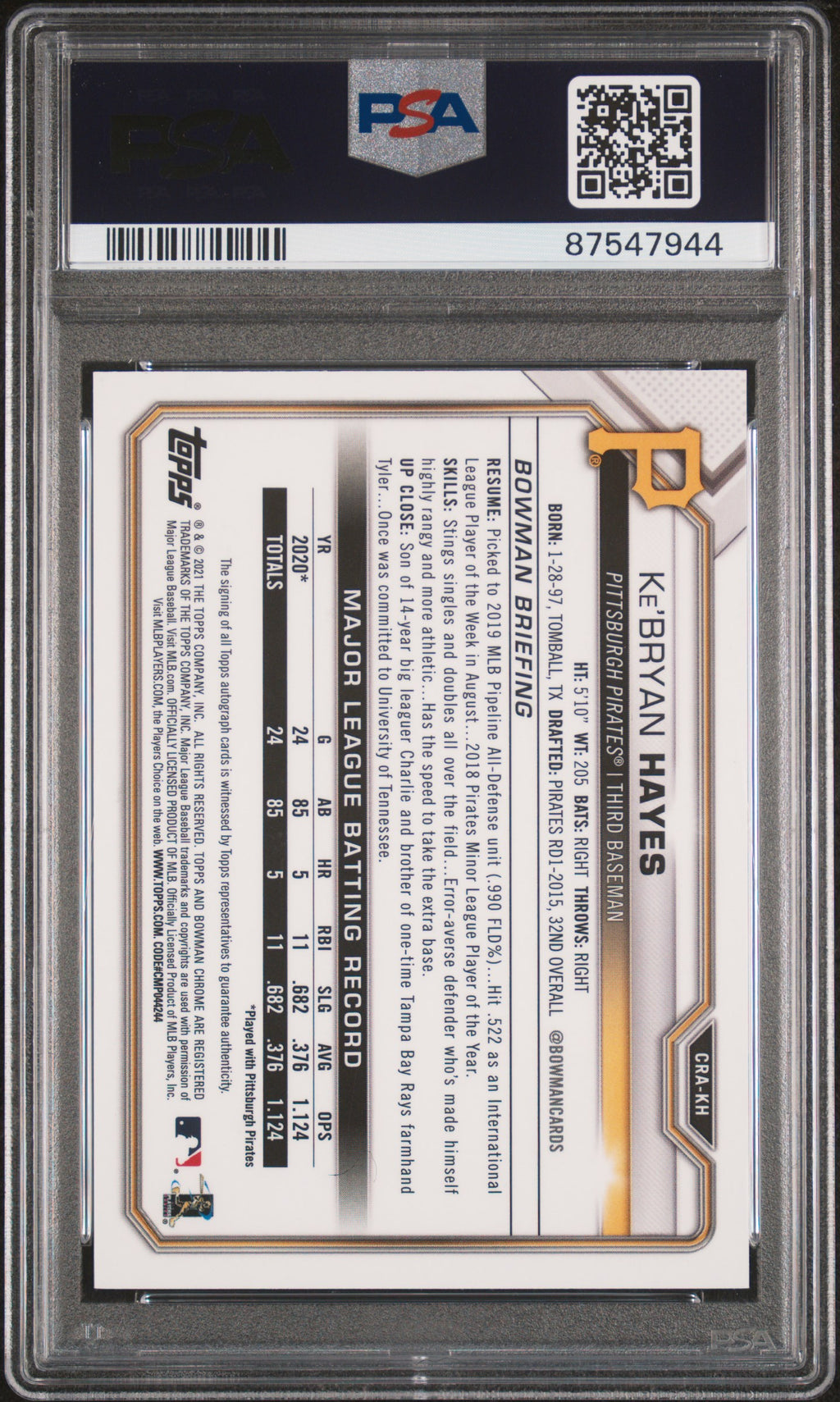 2021 Bowman Ke'Bryan Hayes Rookie Chrome Atomic Refractor Auto 40/100 PSA 9 RC
