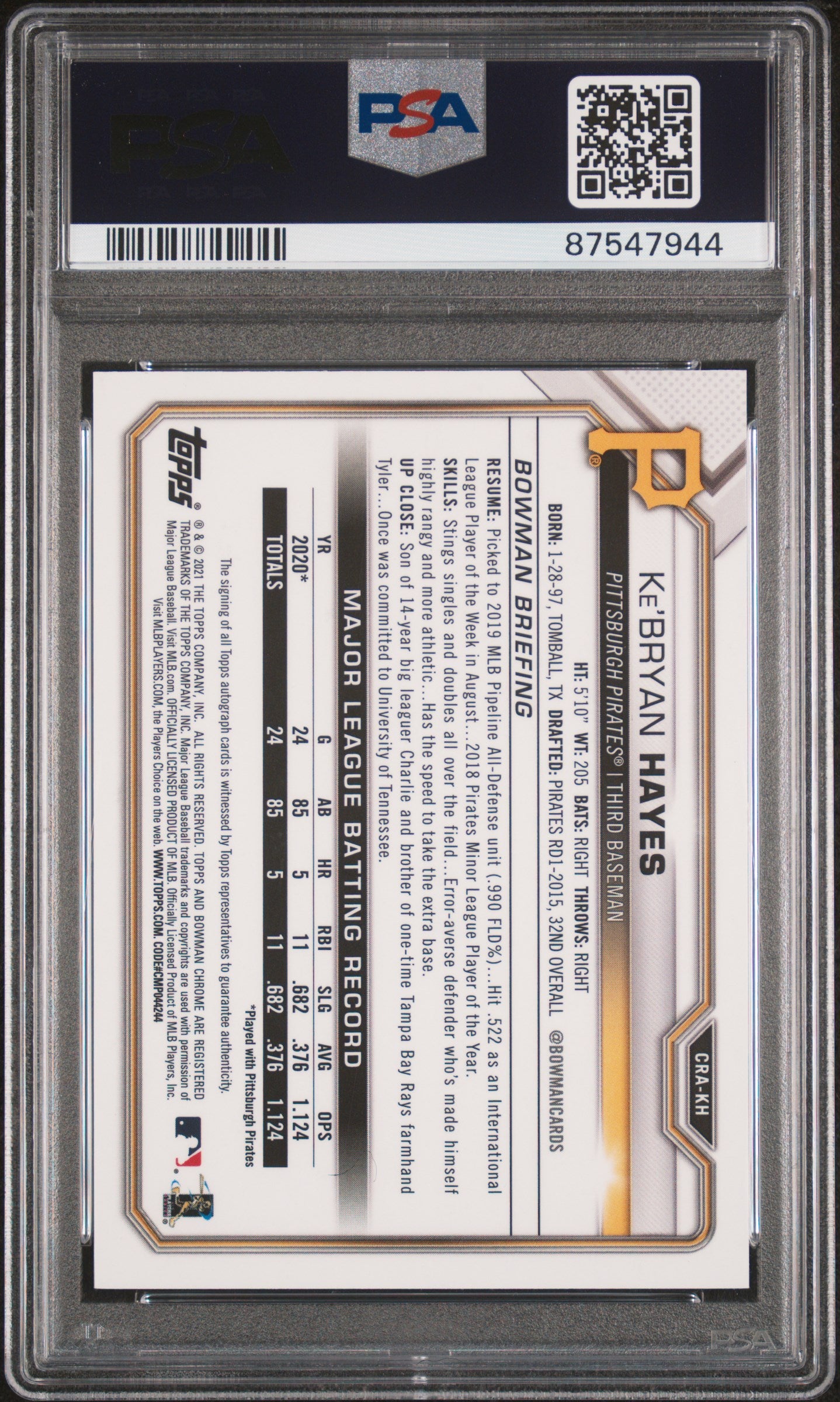 2021 Bowman Ke'Bryan Hayes Rookie Chrome Atomic Refractor Auto 40/100 PSA 9 RC