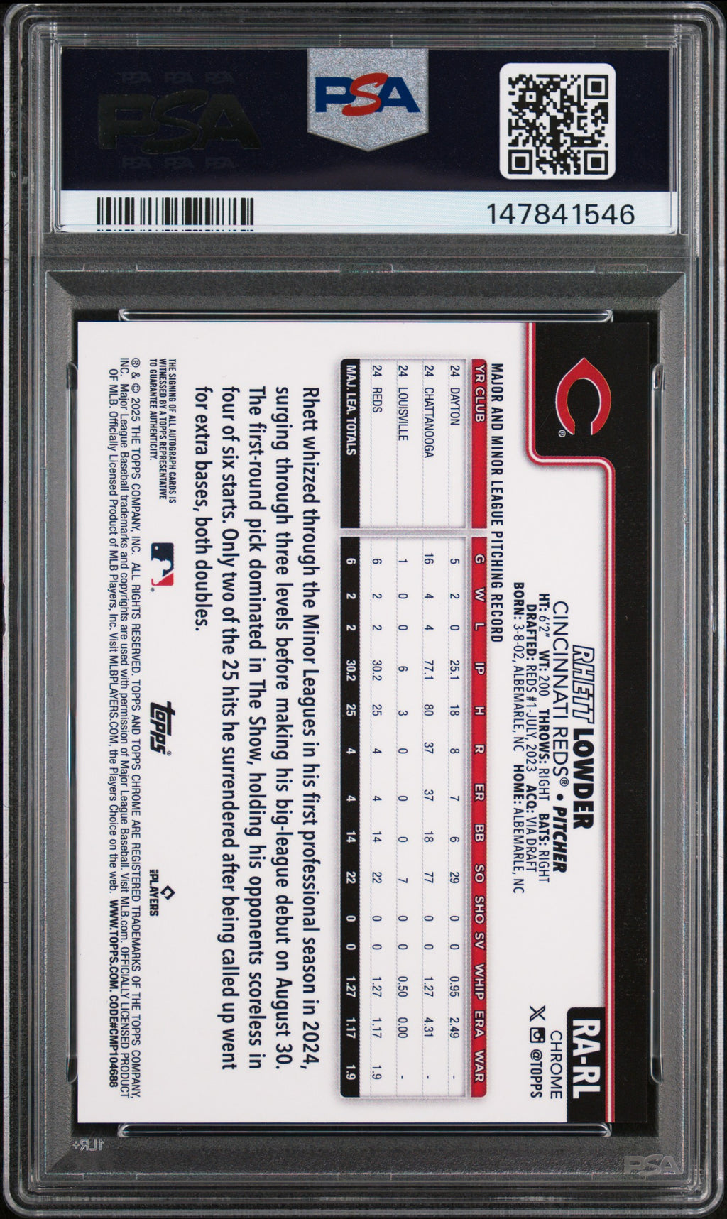 2025 Topps Chrome Logofractor Rhett Lower Rookie Blue Auto 147/150 PSA 10 RC