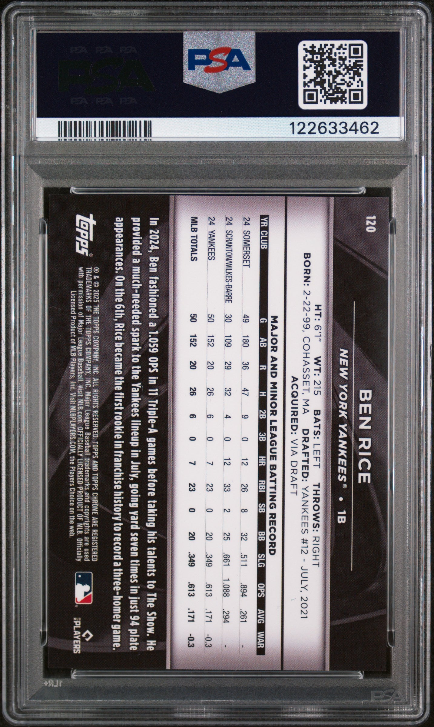 2025 Topps Chrome Black Ben Rice Blue Lava PSA 9