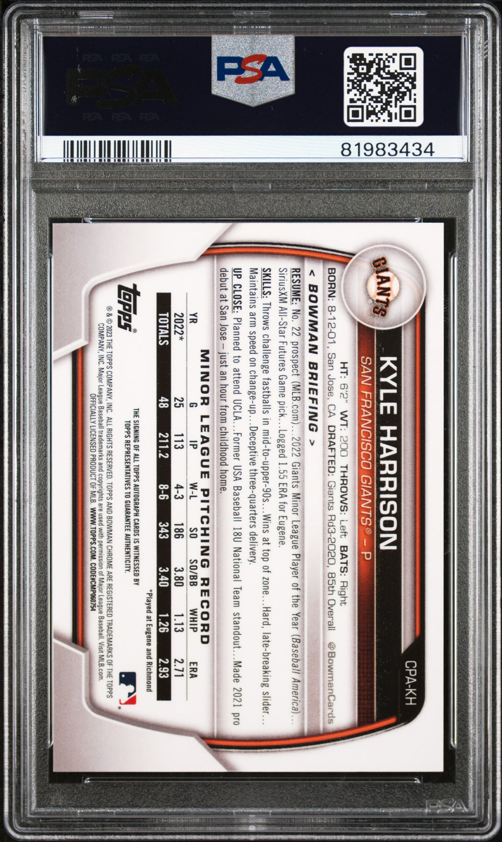 2023 Bowman Kyle Harrison Chrome Prospect Atomic Auto 33/100 PSA 10