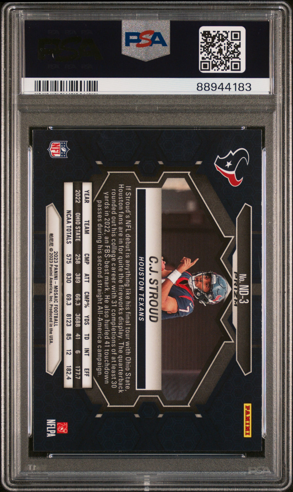 2023 Panini Mosaic NFL Debut CJ Stroud #ND3 Reactive Blue PSA 10