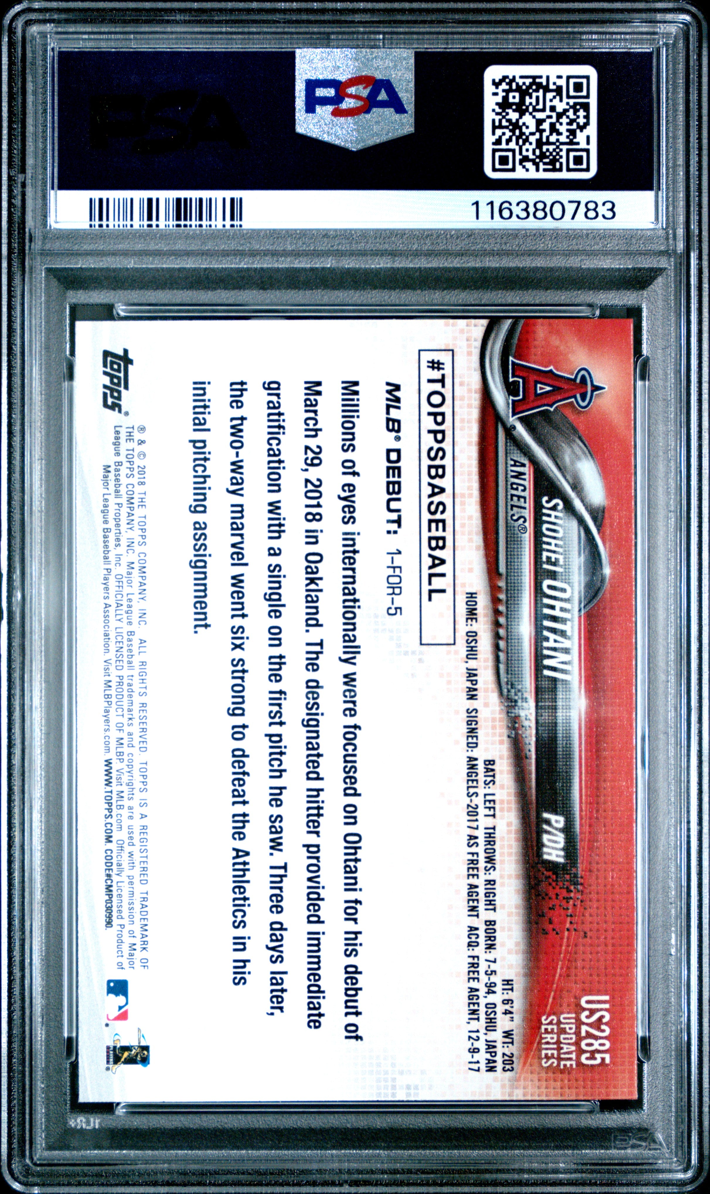2018 Topps Update Shohei Ohtani PSA 10