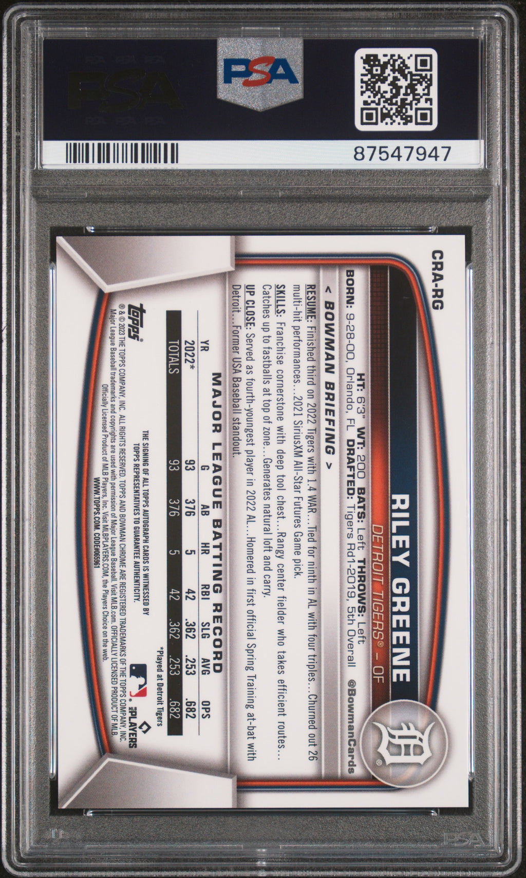 2023 Bowman Chrome Riley Greene Rookie Gold Auto 8/50 PSA 10 RC