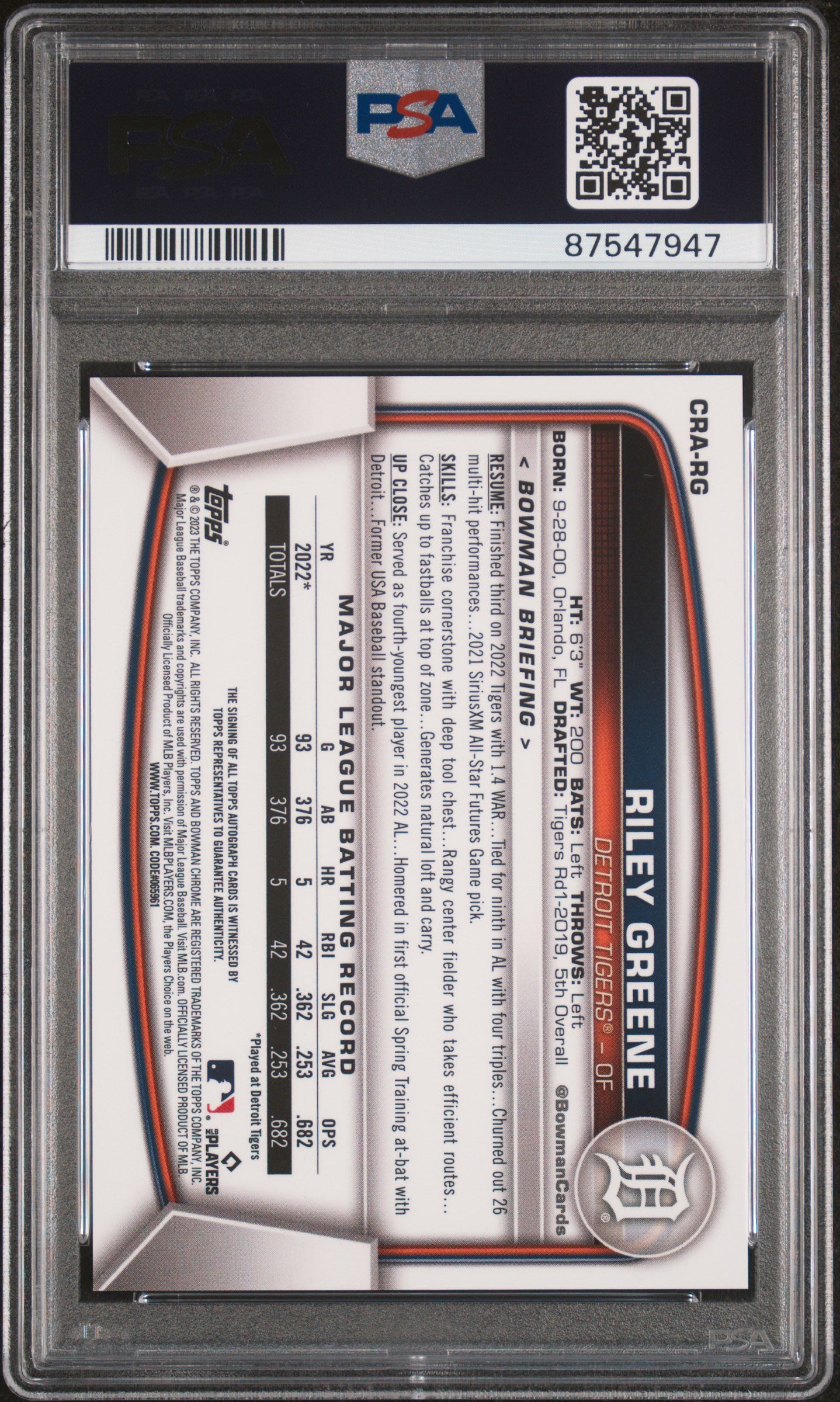 2023 Bowman Chrome Riley Greene Rookie Gold Auto 8/50 PSA 10 RC
