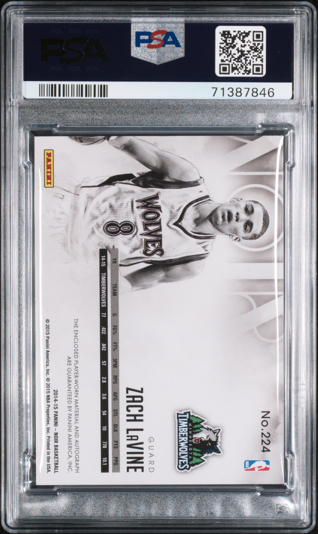 2014 Panini NOIR Zach LaVine Rookie Patch Auto RPA 69/99 PSA 8 RC