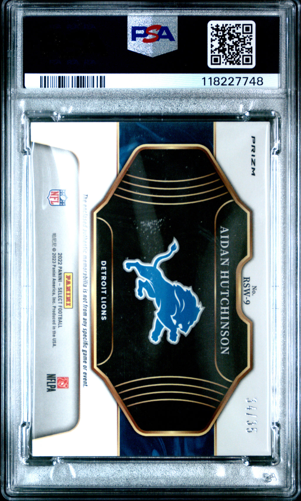 2022 Panini Select Rookie Swatches Aidan Hutchinson #RSW9 SWT Blue Prizm PSA 9