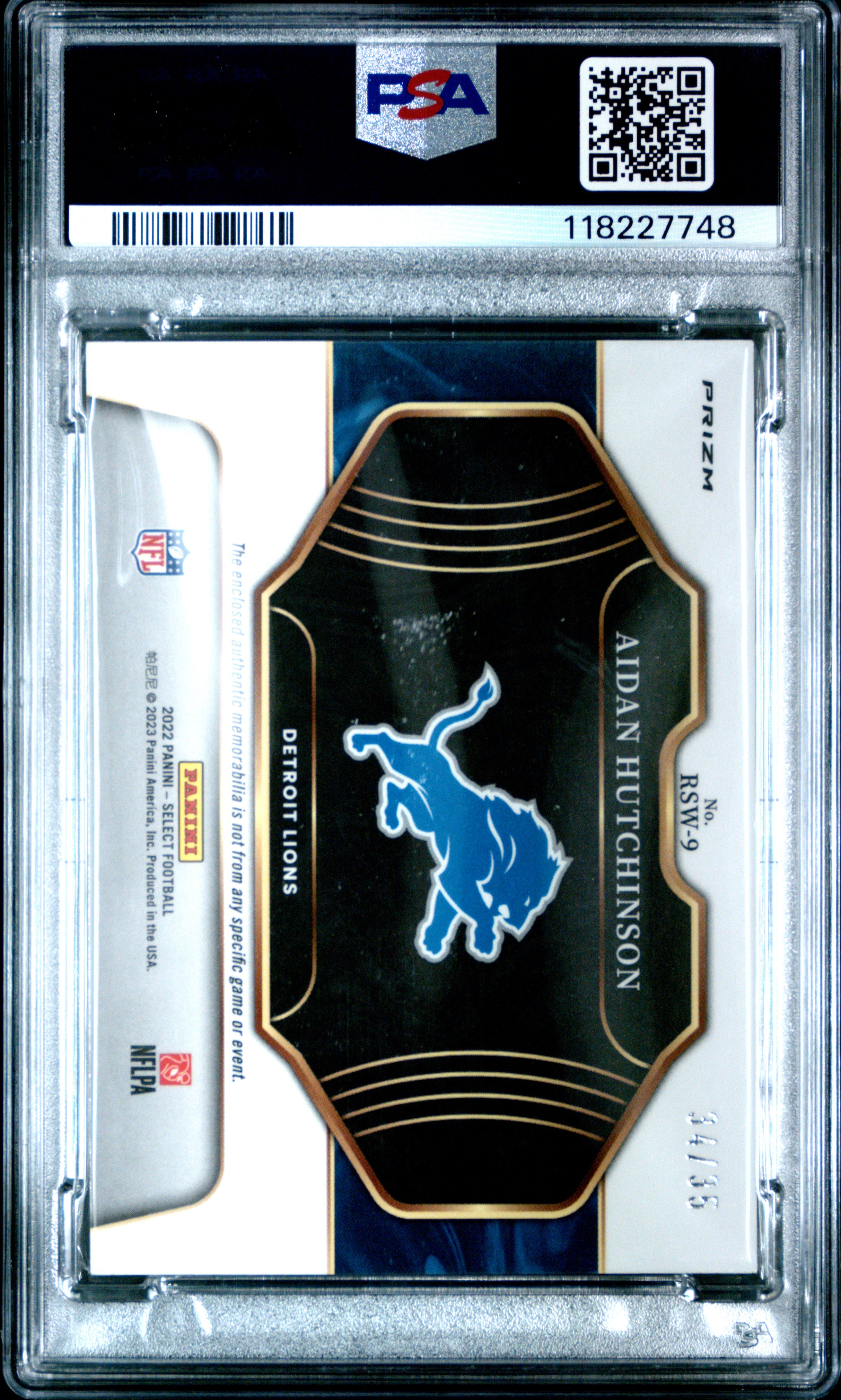 2022 Panini Select Rookie Swatches Aidan Hutchinson #RSW9 SWT Blue Prizm PSA 9
