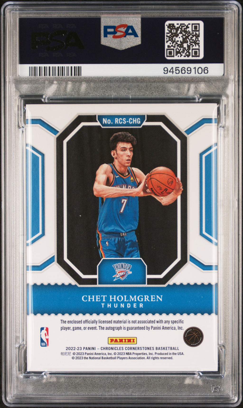 2022 Panini Chronicles Rookie Cornerstones Chet Holmgren #RCSCHG /49 PSA 10