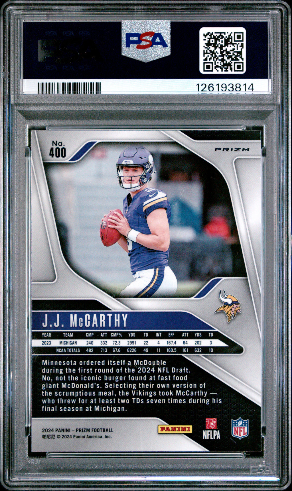 2024 Prizm JJ McCarthy Rookie Red Sparkle PSA 9 RC