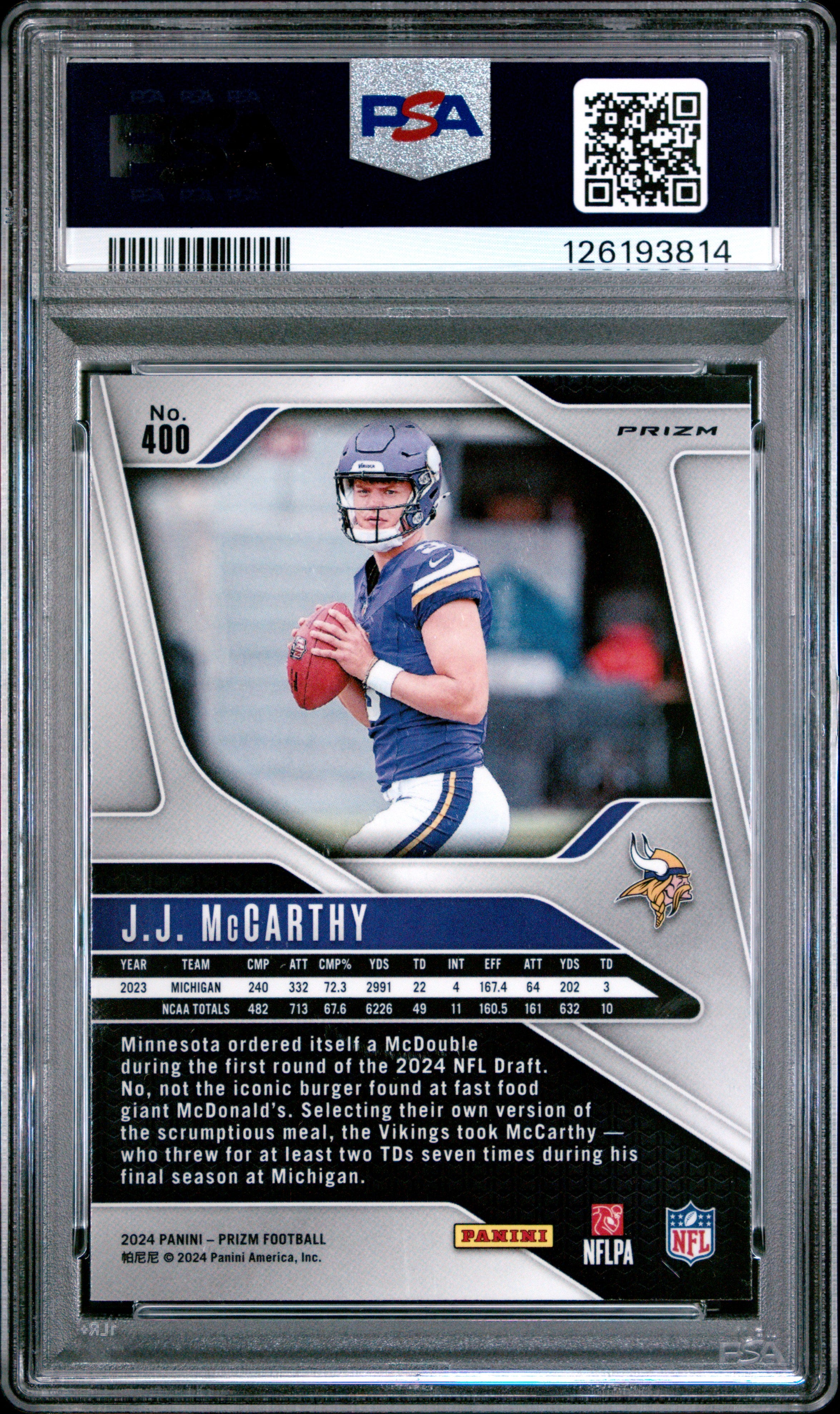2024 Prizm JJ McCarthy Rookie Red Sparkle PSA 9 RC