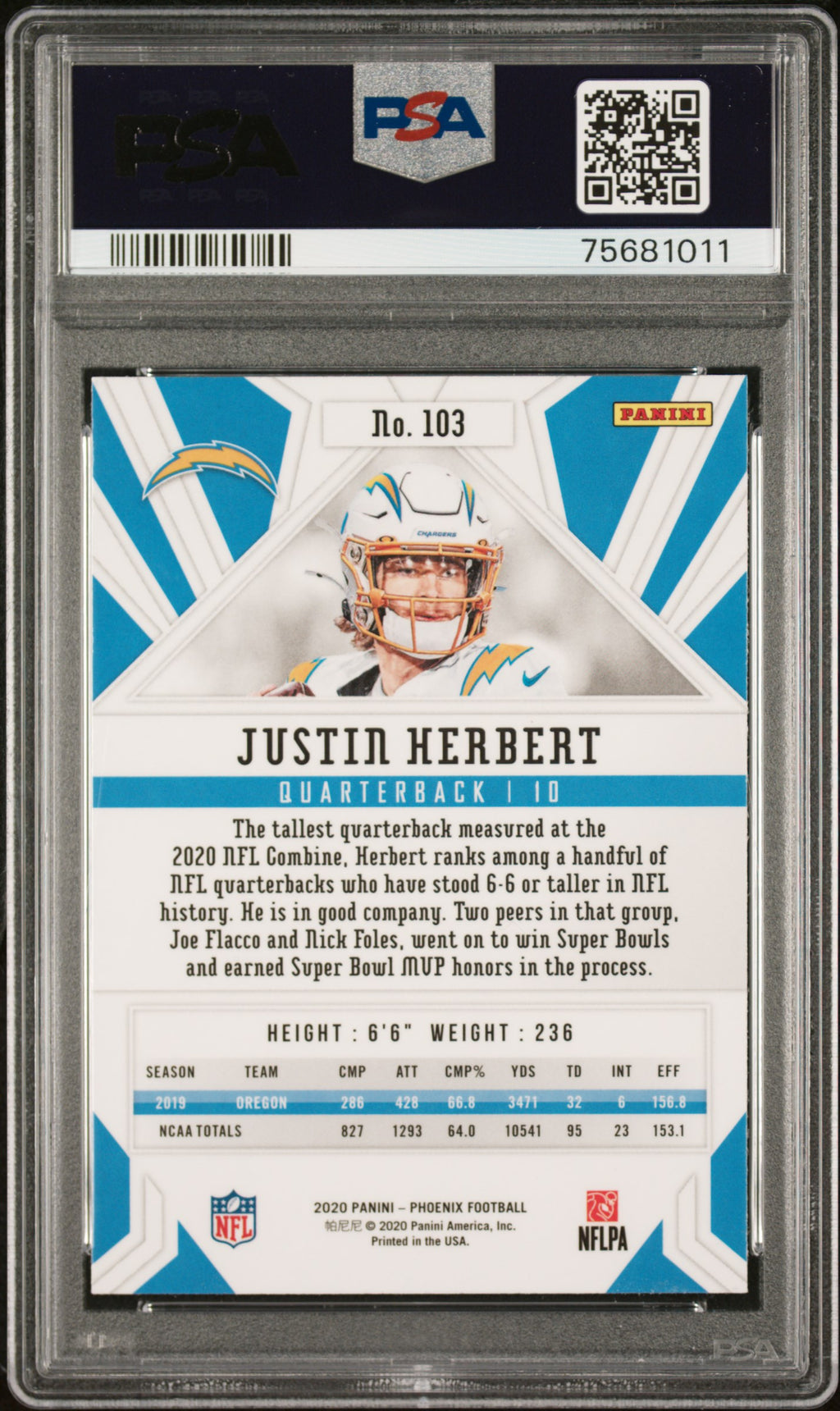 2020 Panini Phoenix Justin Herbert #103 Fire Burst PSA 10