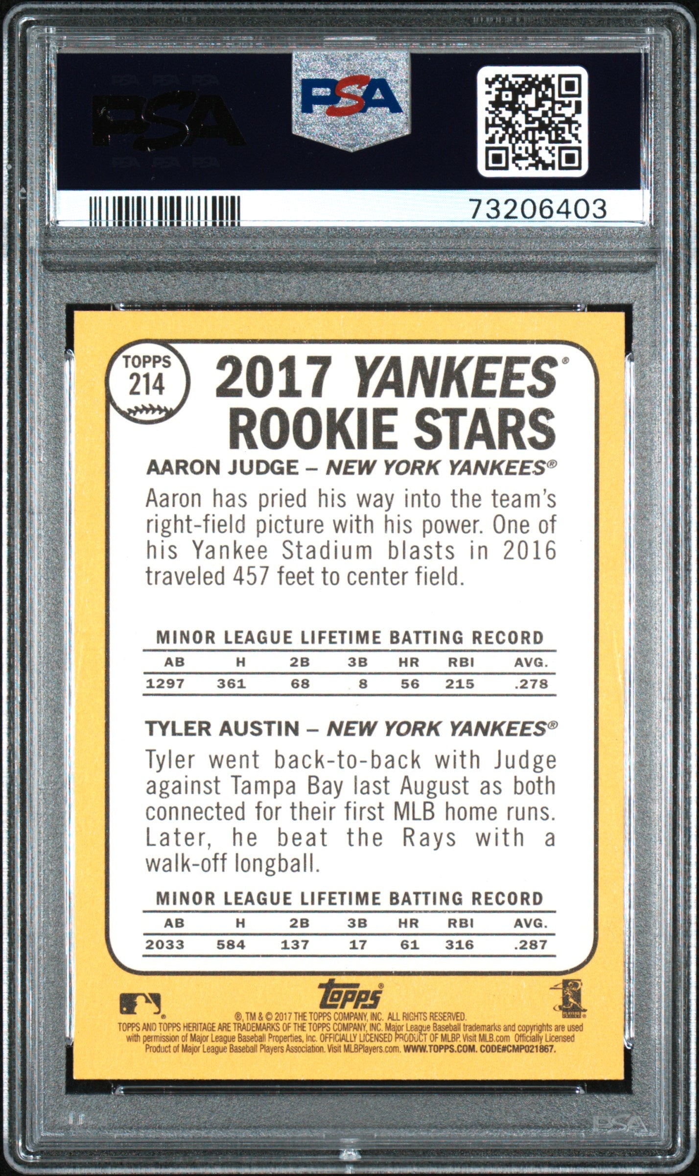 2017 Topps Heritage Aaron Judge / Tyler Austin Rookie Stars PSA 10 RC