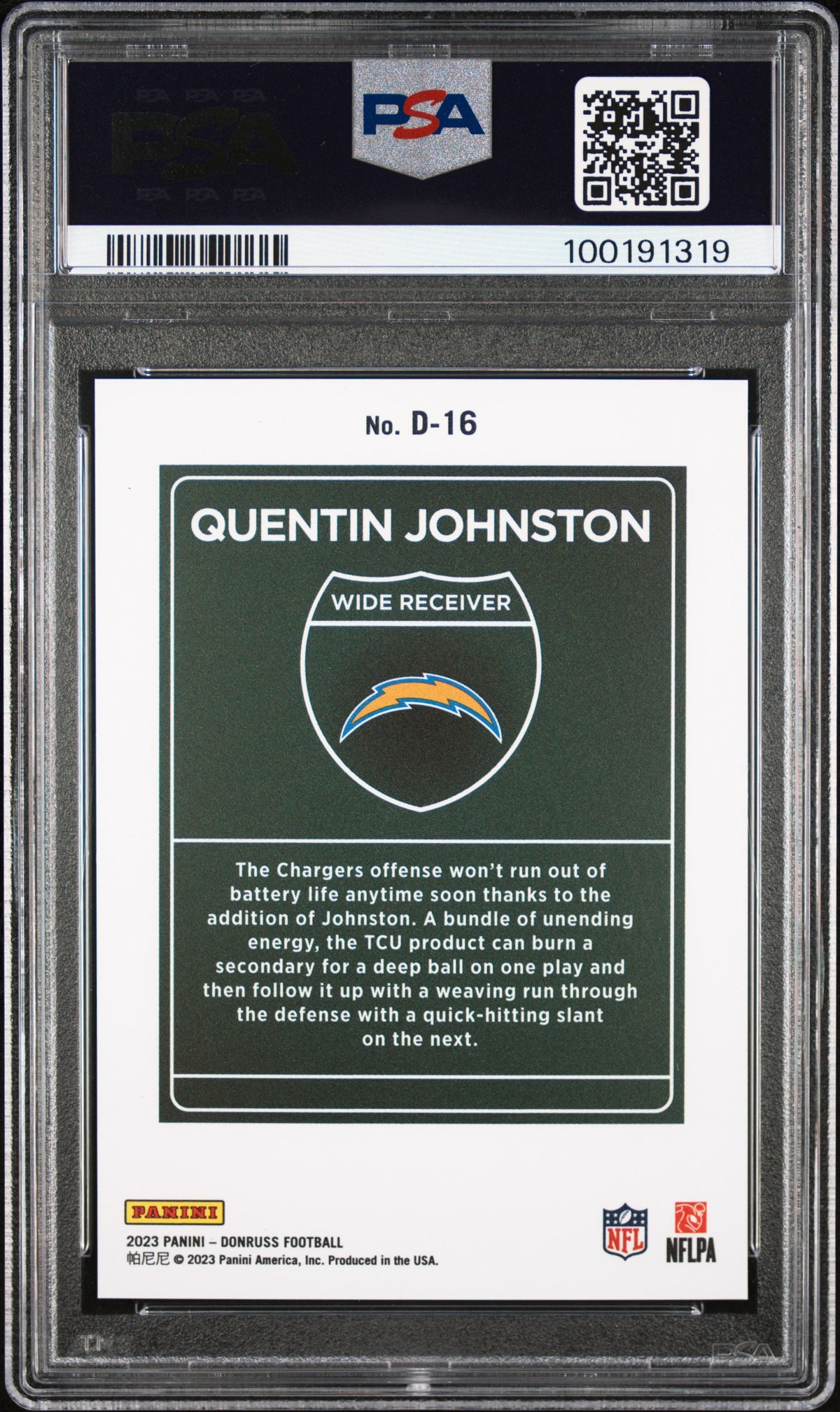 2023 Donruss Quentin Johnston Rookie Downtown PSA 10 RC