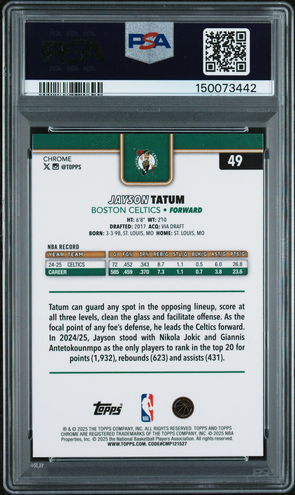 2025 Topps Chrome Jayson Tatum Green Basketball Refractor PSA 9