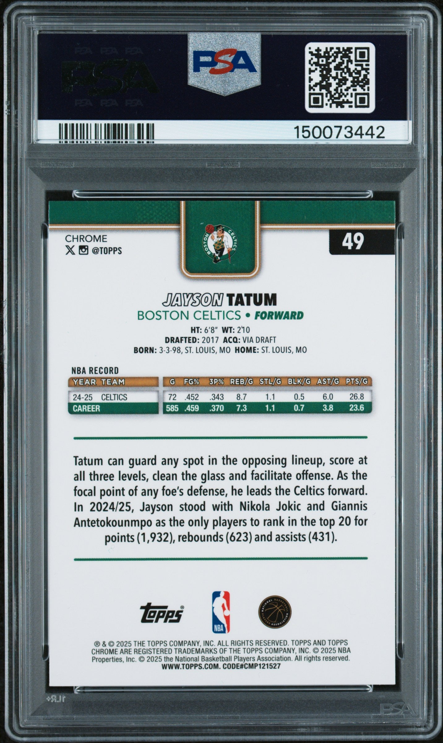2025 Topps Chrome Jayson Tatum Green Basketball Refractor PSA 9