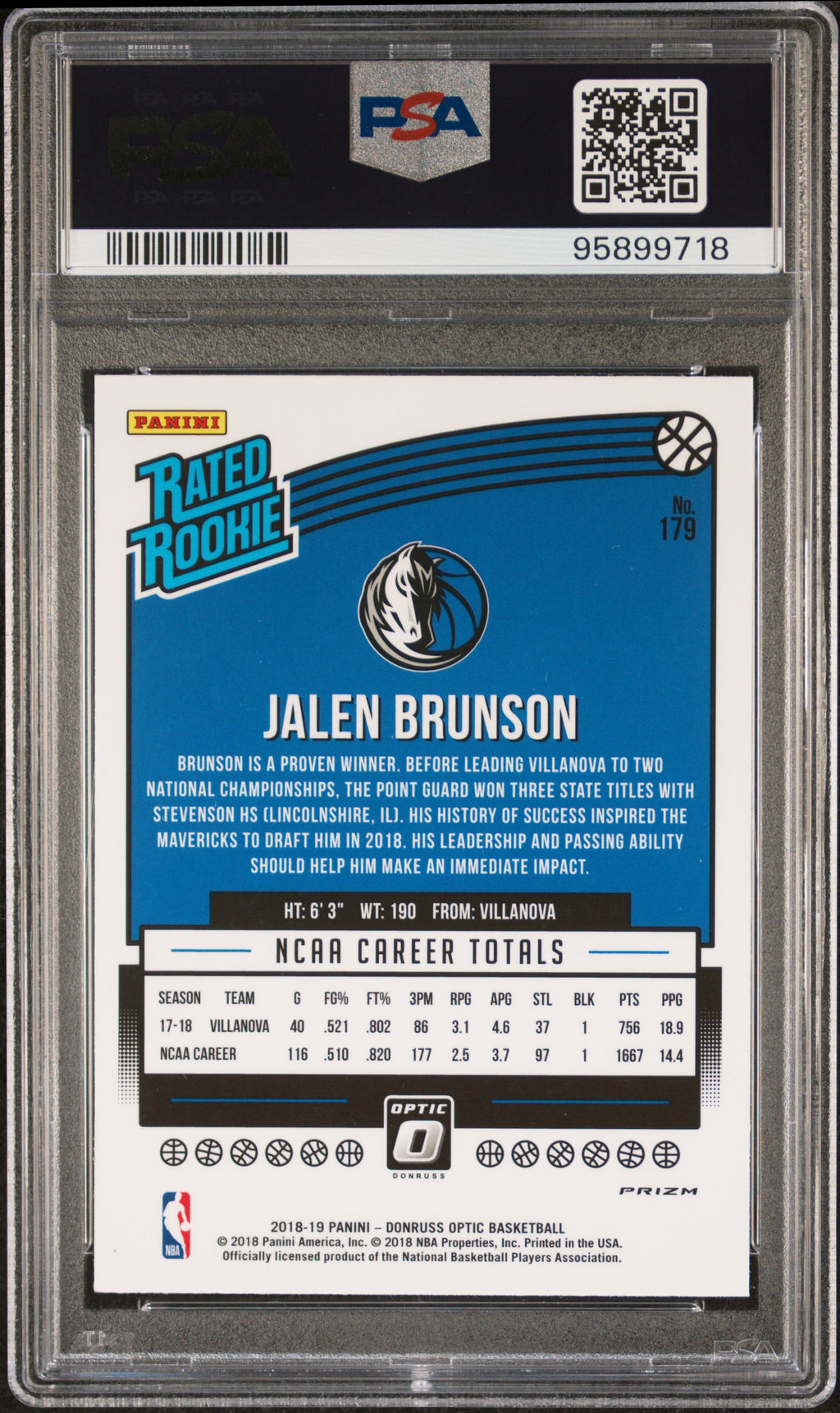 2018 Donruss Optic Jalen Brunson Rookie Shock PSA 8 RC