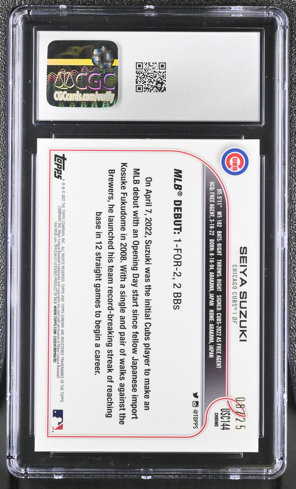 2022 Topps Chrome Update Seiya Suzuki Rookie Red Refractor 8/25 CGC 8 RC