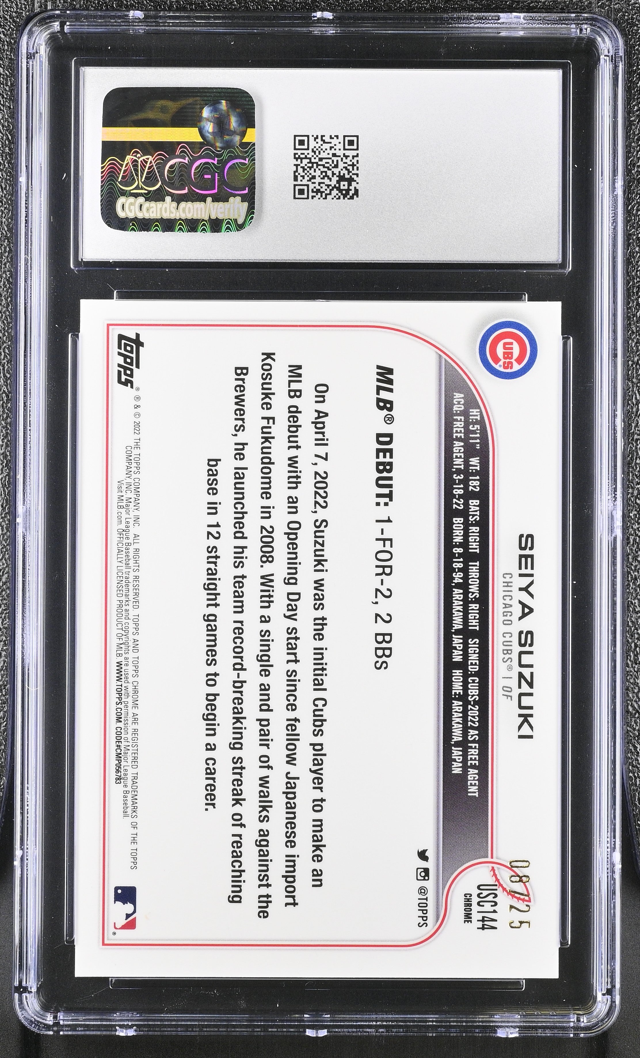 2022 Topps Chrome Update Seiya Suzuki Rookie Red Refractor 8/25 CGC 8 RC