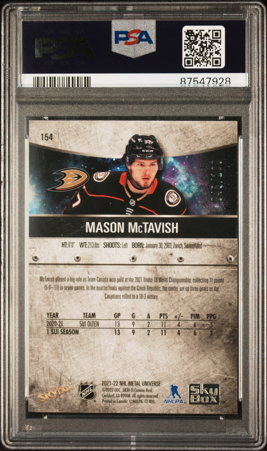 2021 Metal Universe Mason McTavish Rookie Red Preciuos Metal Gems 48/100 PSA 8 RC