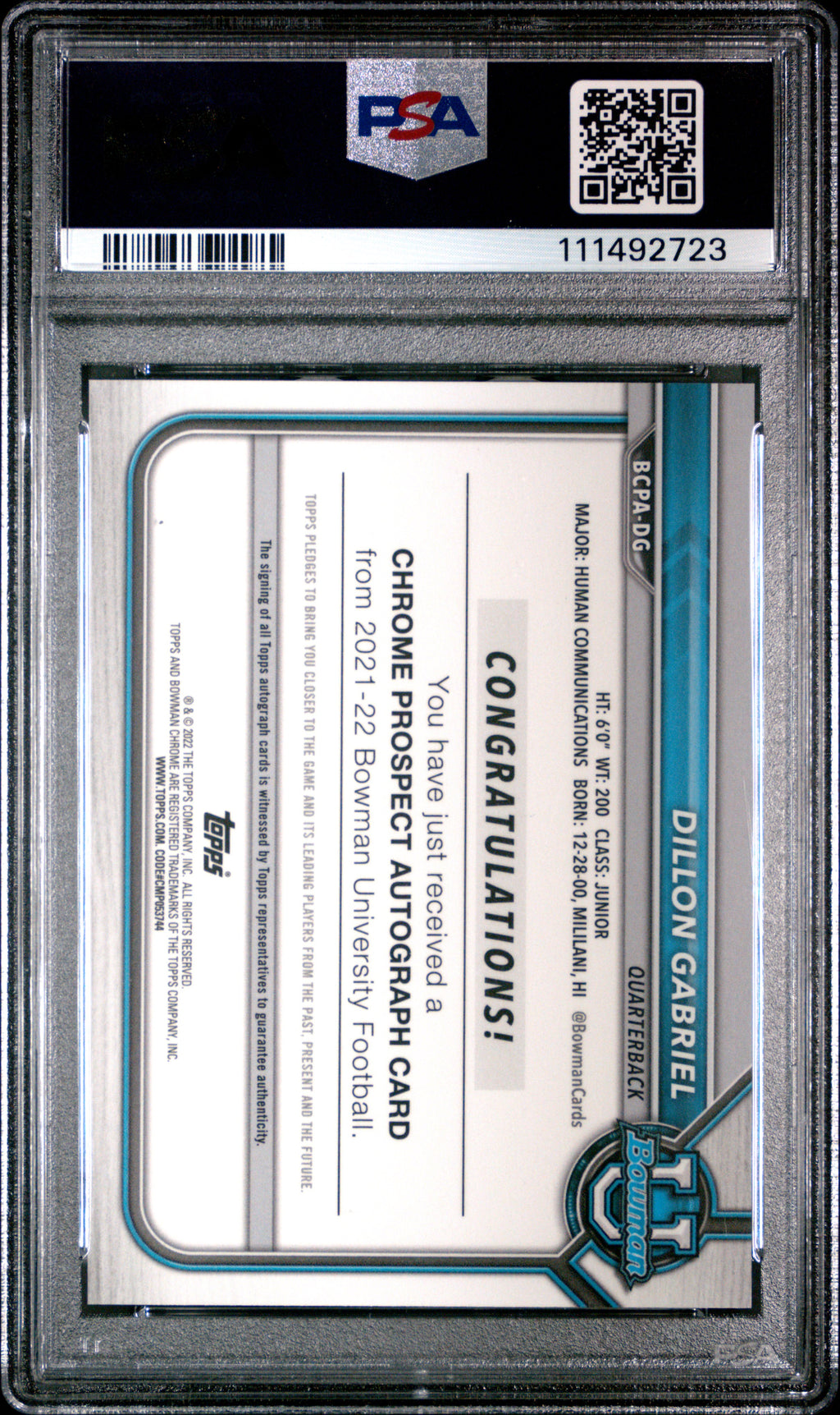 2021 Bowman University Chrome Prospect Autographs Dillon Gabriel #DG Autograph PSA 10