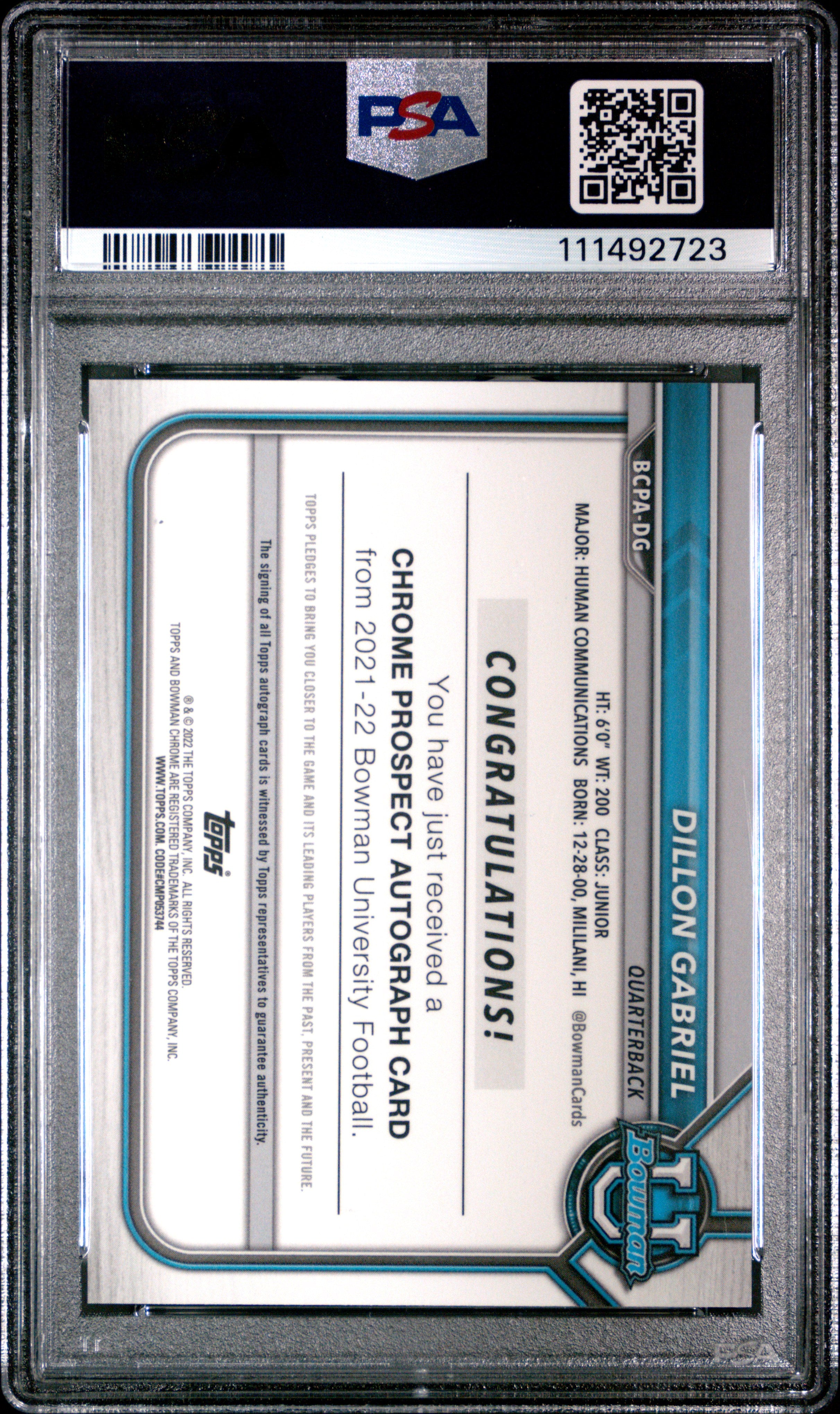 2021 Bowman University Chrome Prospect Autographs Dillon Gabriel #DG Autograph PSA 10