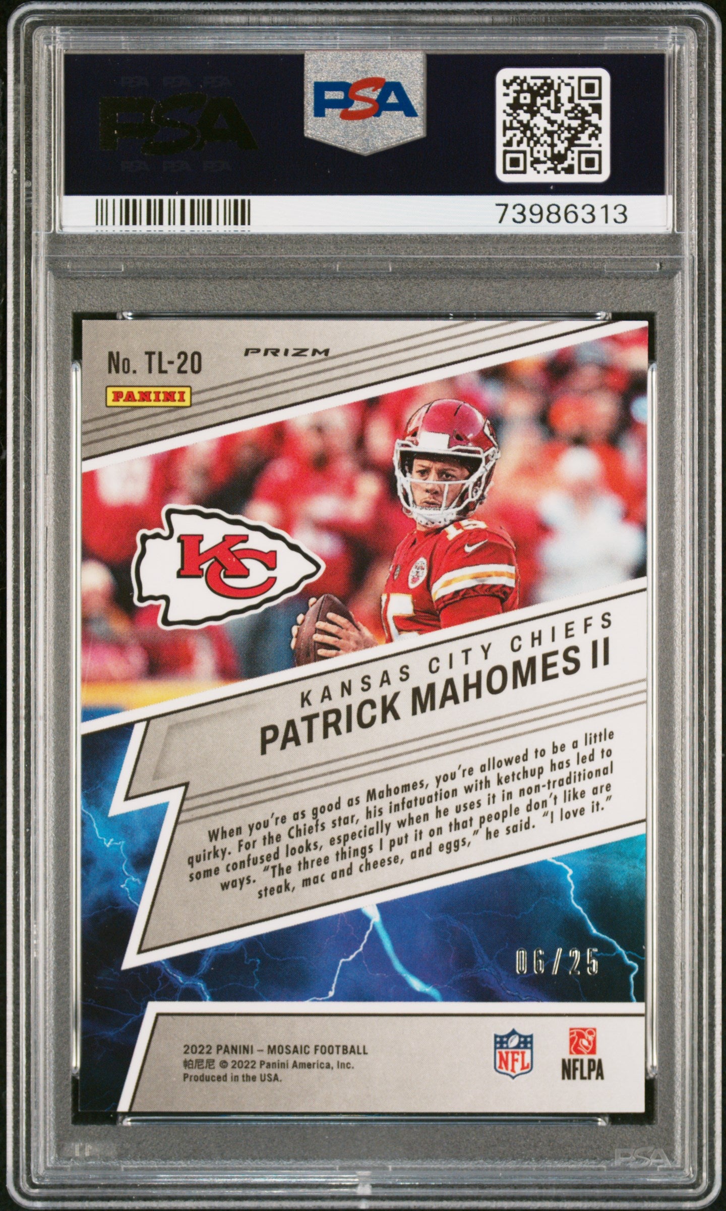 2022 Panini Mosaic Thunder Lane Patrick Mahomes II #TL20 Orange Fluorescent PSA 10