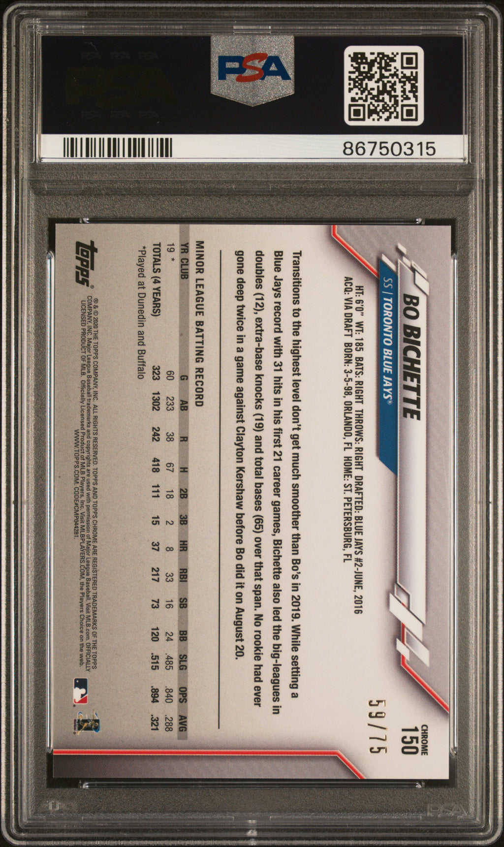 2020 Ben Baller Chrome Bo Bichette #150 Blue Refractor / PSA 10