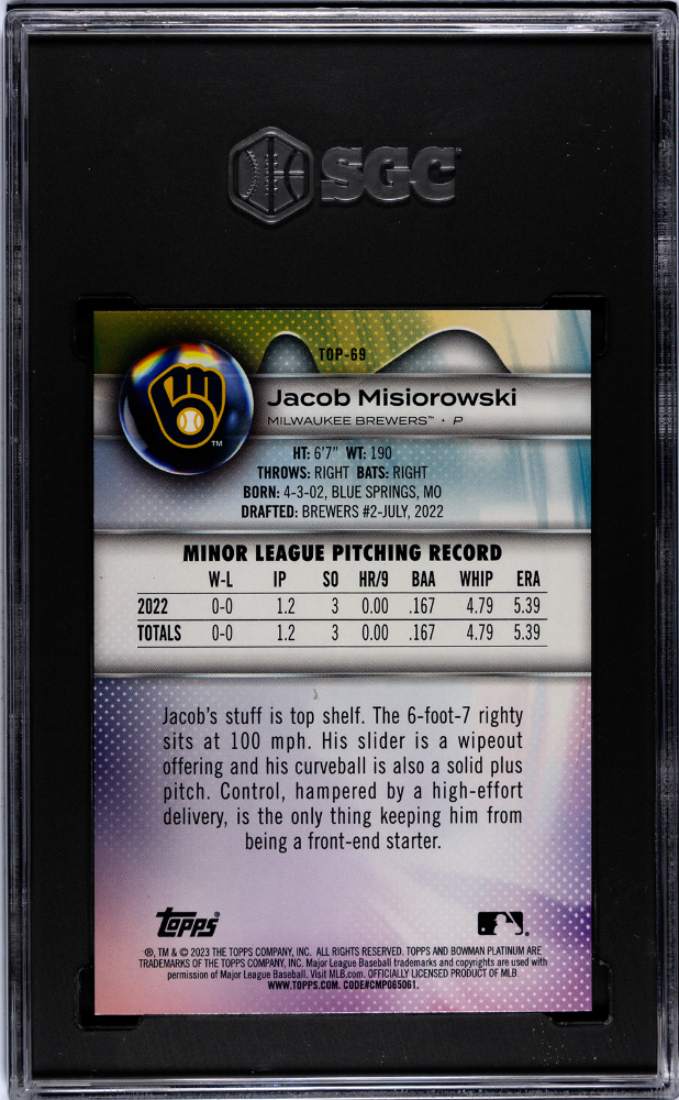 2023 Bowman Platinum Jacob Misiorowski Blue 149/150 SGC 10 2023 Bowman Platinum Jacob Misiorowski #TOP-69 Top Pros. Blue 150 SGC 10
